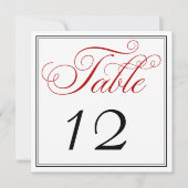Elegante Red Black & White Script Tischnummer Card (Vorderseite)