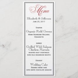 Elegante Red Black & White Script Wedding Menu Car Menükarte