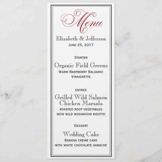 Elegante Red Black & White Script Wedding Menu Car Menükarte (Vorderseite)