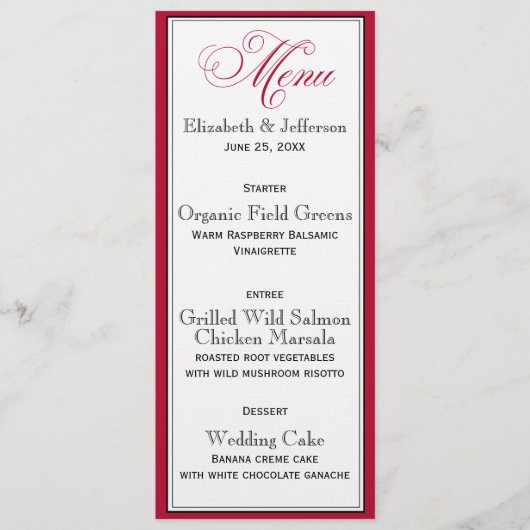 Elegante Red Black & White Script Wedding Menu Car Menükarte (Vorderseite)