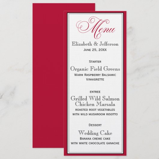 Elegante Red Black & White Script Wedding Menu Car Menükarte (Vorne/Hinten)