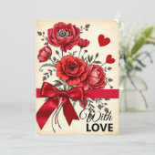 Elegante Red Blume Bouquet mit Herz und Band Karte (Stehend Vorderseite)