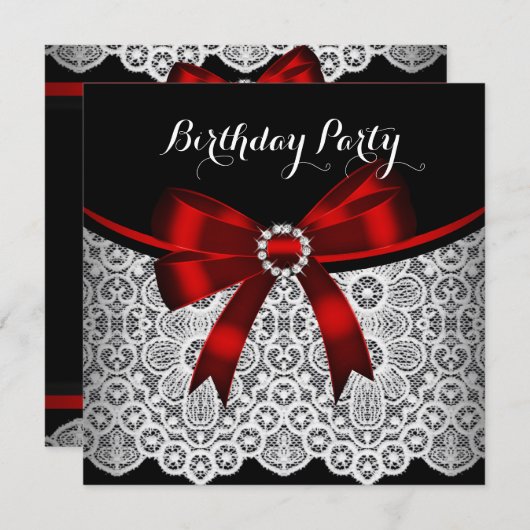 Elegante Red Bow Black Lace White Birthday Party 2 Einladung (Vorne/Hinten)