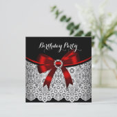 Elegante Red Bow Black Lace White Birthday Party 2 Einladung (Stehend Vorderseite)