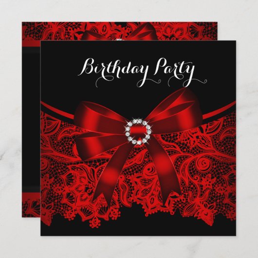 Elegante Red Bow Black Lace White Birthday Party 4 Einladung (Vorne/Hinten)