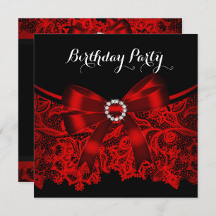 Elegante Red Bow Black Lace White Birthday Party 4 Einladung