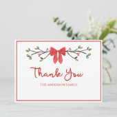 Elegante Red Bow Personalisierte Familie Weihnacht Dankeskarte (Stehend Vorderseite)