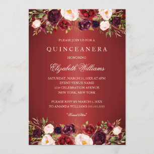Elegante Red Burgundy Rose Quinceanera Einladung