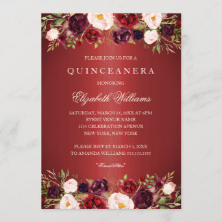 Elegante Red Burgundy Rose Quinceanera Einladung
