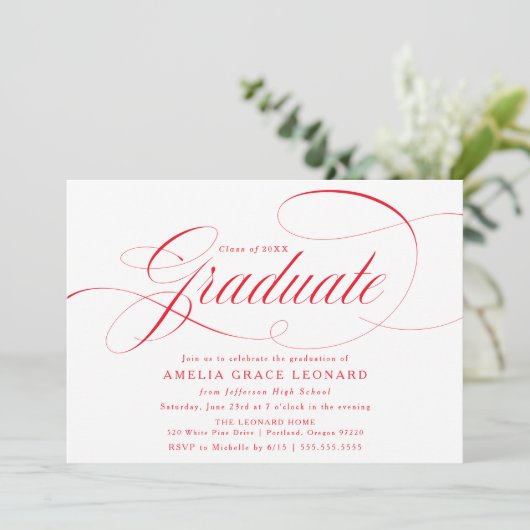 Elegante Red Calligraphy Graduation Party Einladung (Stehend Vorderseite)