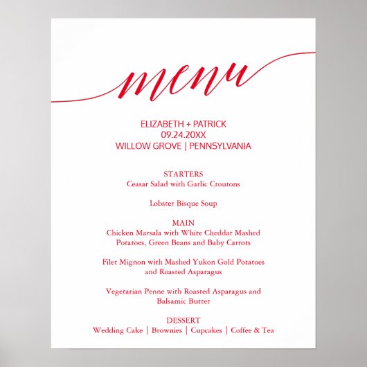 Elegante Red Calligraphy Wedding Menu Sign Poster (Vorne)