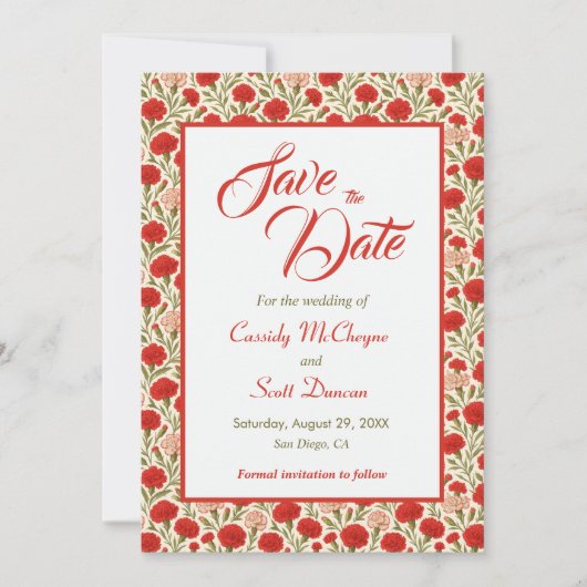 Elegante Red Carnation Blume Wedding Save the Date (Vorderseite)