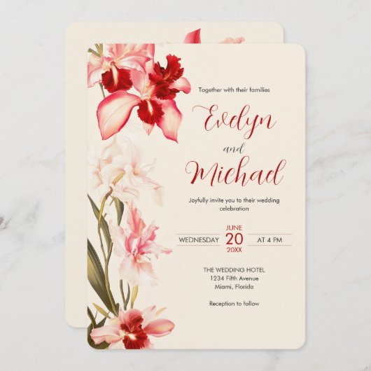 Elegante Red Cattleya Orchids Blume Hochzeit Einladung (Vorne/Hinten)