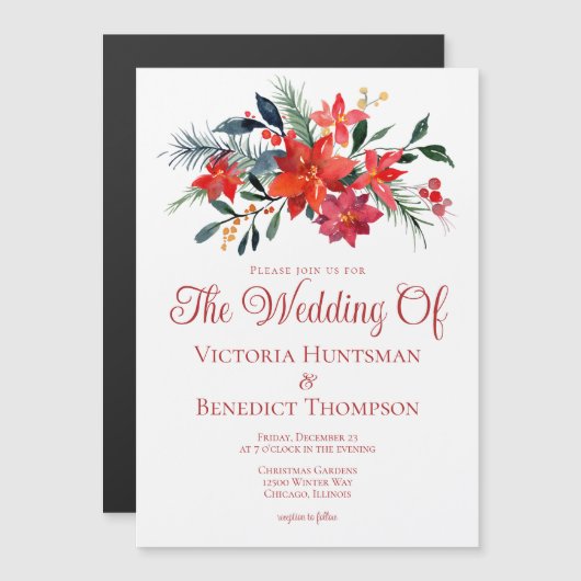 Elegante Red Christmas Poinsettia Floral Wedding Magneteinladung (Vorne/Hinten)