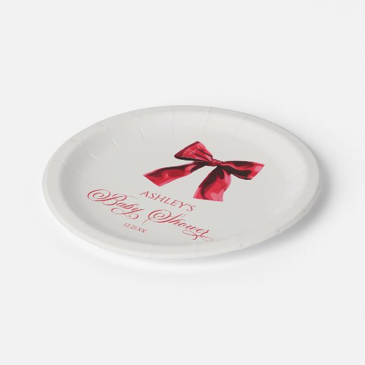 Elegante Red Coquette Bow Baby Shower Pappteller (Schrägansicht)