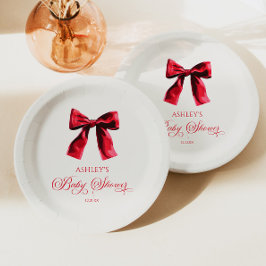 Elegante Red Coquette Bow Baby Shower Pappteller