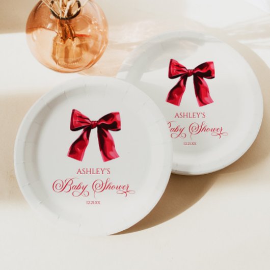 Elegante Red Coquette Bow Baby Shower Pappteller