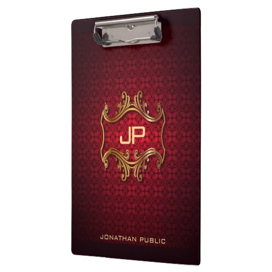 Elegante Red Damask Monogram Classic Vorlage Klemmbrett (Links)