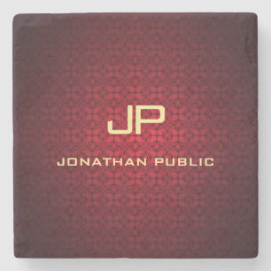 Elegante Red Damask Monogramm Nostalgische Vorlage Steinuntersetzer