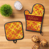 Elegante Red Damask und Gold Textur Ofenhandschuh & Topflappen-Set (Oben Unten)