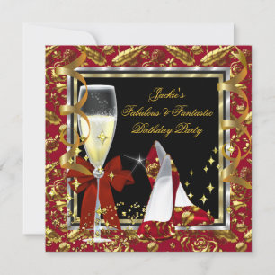 Elegante RED Floral Black Gold Geburtstagsparty Einladung