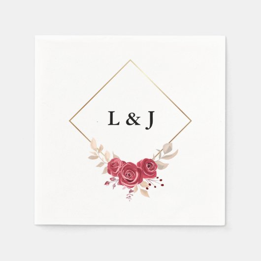 Elegante Red Floral Gold Frame Initials Wedding Serviette (Vorderseite)