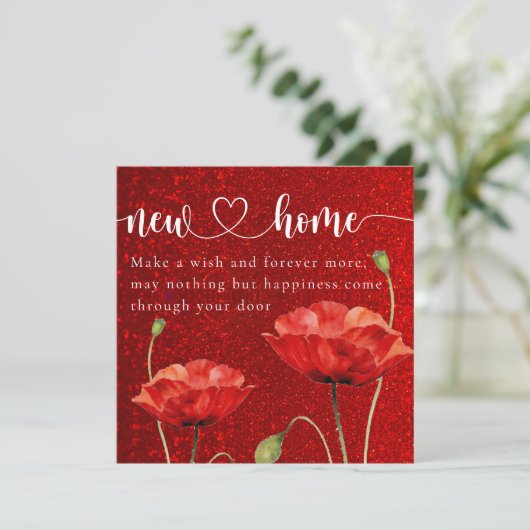 Elegante Red Floral New Zuhause Housewarming Card Dankeskarte (Stehend Vorderseite)
