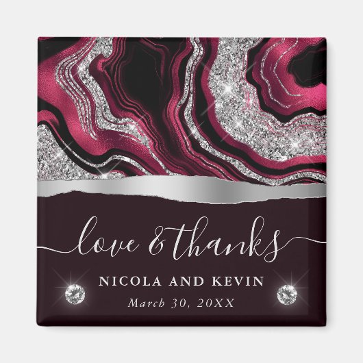 Elegante Red Foil und Silver Glitzer Agate Wedding Magnet (Vorne)