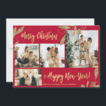 Elegante Red Gold 4 Foto Collage Weihnachtskarte<br><div class="desc">Elegante, moderne Imitate Gold Botanische Blätter auf Carmine Red 4 Foto Collage Frohe Weihnachtskarte. Dieses festliche, mimimalistische, skurrile vier (4) Foto-Urlaubskarte-Template verfügt über eine hübsche Foto-Collage, Imitate Gold-Folie botanische Blätter, Winterbeeren und sagt Frohe Weihnachten und Glück Neues Jahr! Der Grußtext "Frohe Weihnachten und Glück im neuen Jahr" ist in einer...</div>