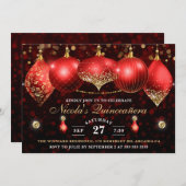 Elegante Red & Gold Christmas Baubles Quinceanera Einladung (Vorne/Hinten)