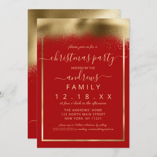 Elegante Red Gold Foil Sprayed Confetti Weihnachte Einladung (Vorne/Hinten)