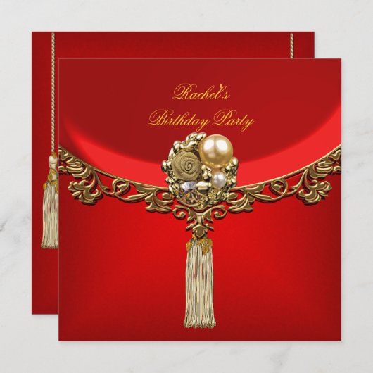 Elegante Red Gold Geburtstagsparty Jewel Einladung (Vorne/Hinten)