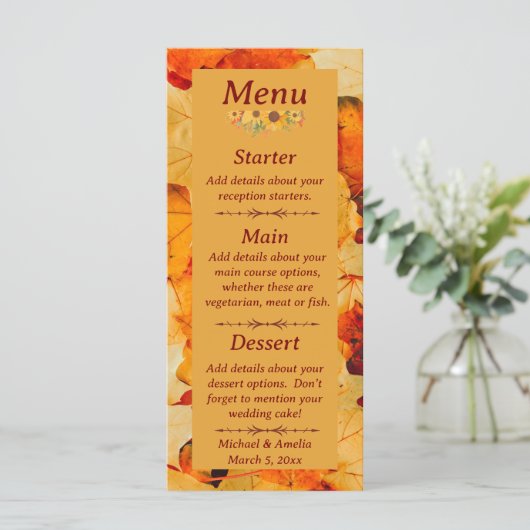 Elegante Red Gold Herbst Leaves Hochzeit im Herbst Menükarte (Stehend Vorderseite)