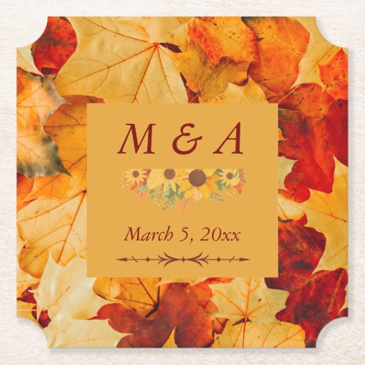 Elegante Red Gold Herbst Leaves Hochzeit Untersetzer (Vorderseite)