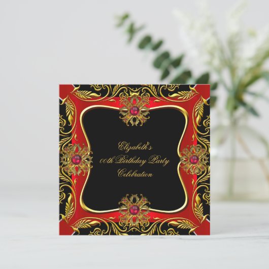 Elegante Red Gold Jewel Black Birthday Party Einladung (Stehend Vorderseite)