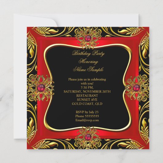 Elegante Red Gold Jewel Black Birthday Party Einladung (Rückseite)