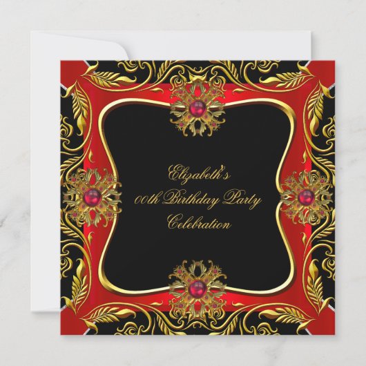 Elegante Red Gold Jewel Black Birthday Party Einladung (Vorderseite)