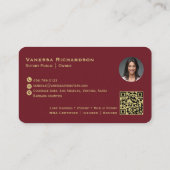 Elegante Red Gold Monogram QR Code Foto Notar Visitenkarte (Rückseite)