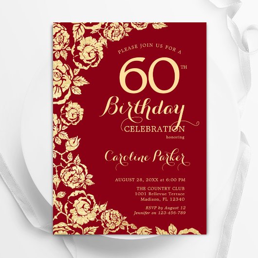 Elegante Red Gold Rose 60. Geburtstag Einladung