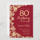 Elegante Red Gold Rose 80. Geburtstag Einladung (Vorderseite)