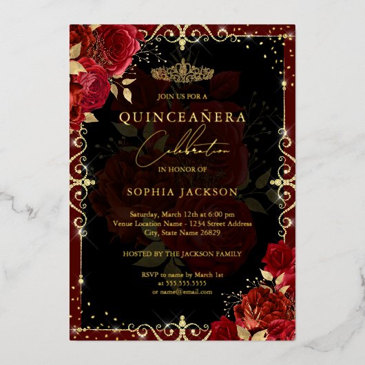 Elegante Red Gold Rose Quinceanera Folieneinladung (Vorderseite)