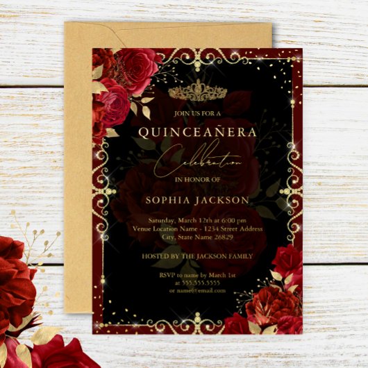 Elegante Red Gold Rose Quinceanera Folieneinladung