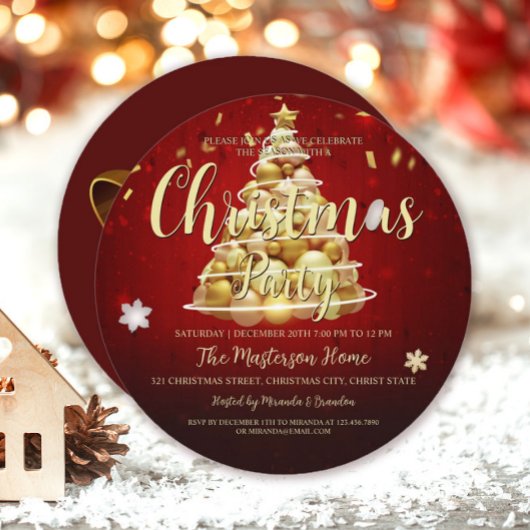Elegante Red Gold Round Christmas and Holiday Part Einladung