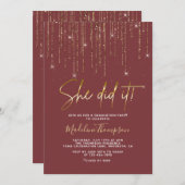 Elegante Red Gold Sparkling Sie tat es Abschluss Einladung (Vorne/Hinten)