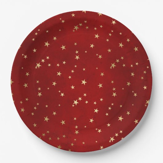 Elegante Red Gold Stars Weihnachten Pappteller (Vorderseite)
