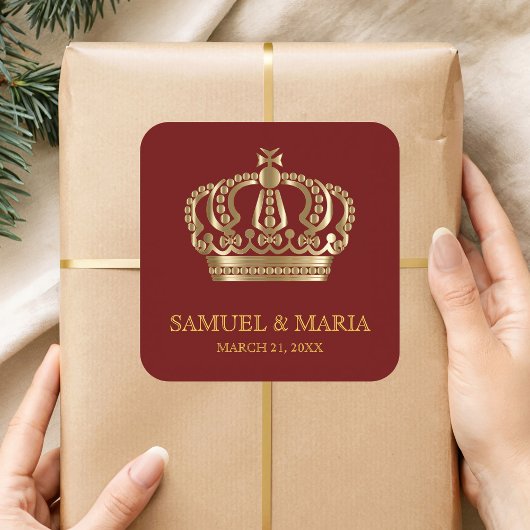 Elegante Red Gold Verziert Crown Gastgeschenk Hoch Quadratischer Aufkleber