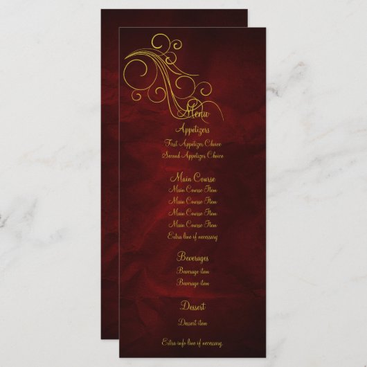 Elegante Red Gold Wedding Menu Rack Card Menükarte (Vorne/Hinten)