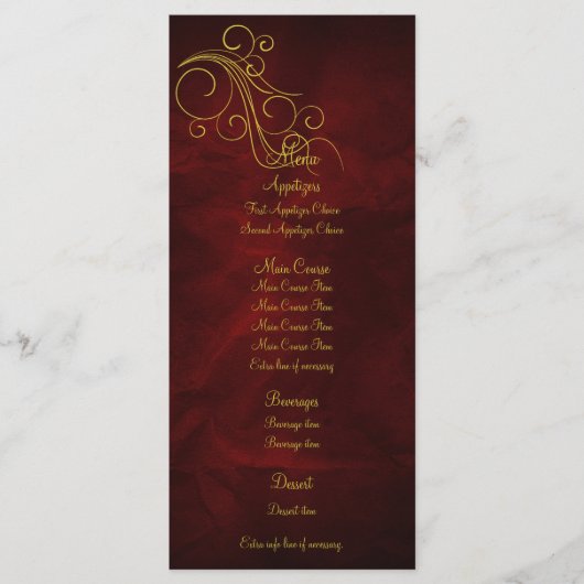 Elegante Red Gold Wedding Menu Rack Card Menükarte (Vorderseite)