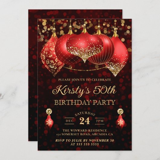 Elegante Red & Gold Weihnachtsbaumhäuser 50. Gebur Einladung (Vorne/Hinten)