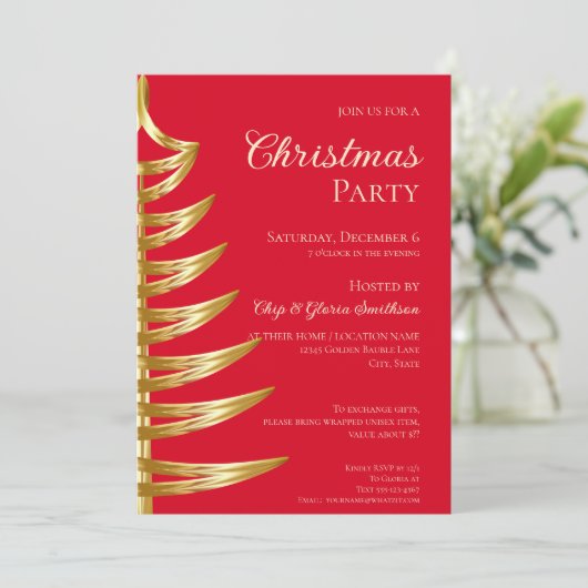 Elegante Red & Gold Weihnachtszeit-Party Einladung (Stehend Vorderseite)